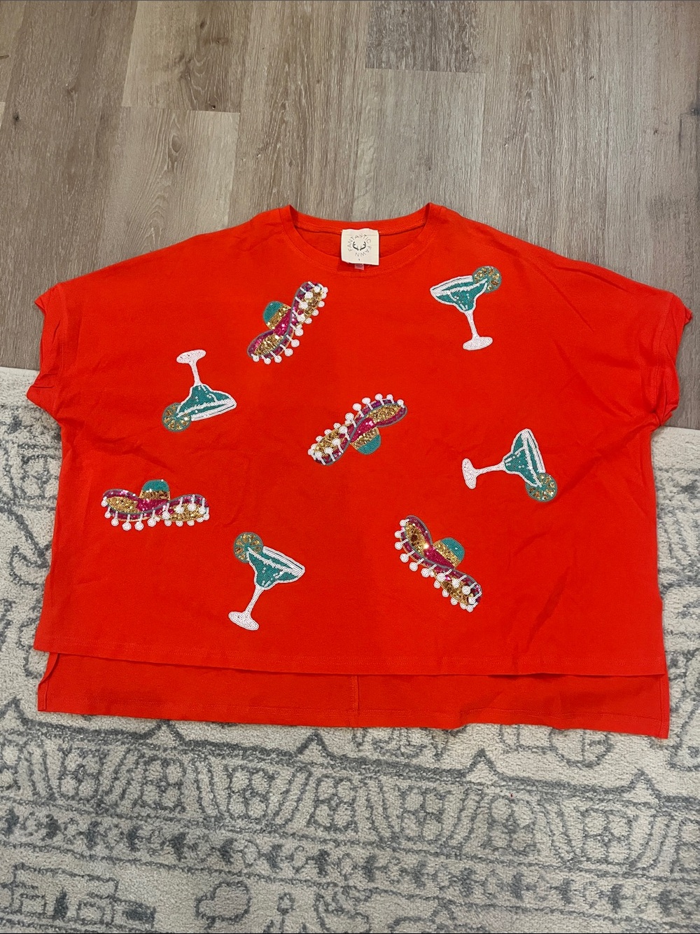 Fantastic Fawn Orange -Sleeve Tee with Sequin Cocktail & Sombrero Appliqué